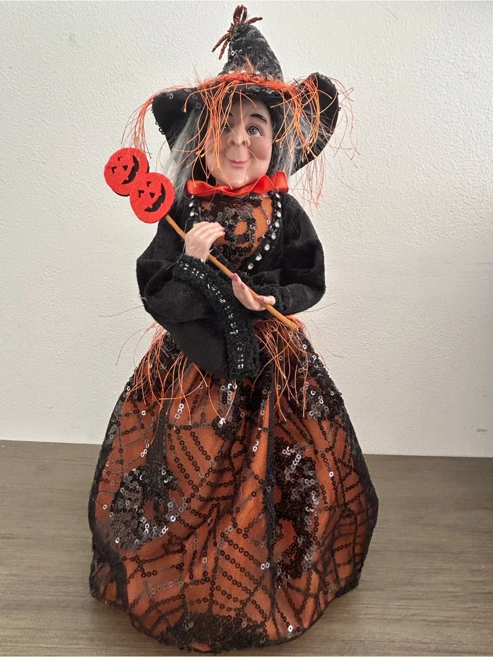 Halloween Witch Standing Black  Sequin Skull Dress Hat Rhinestones Pumpkins 15”